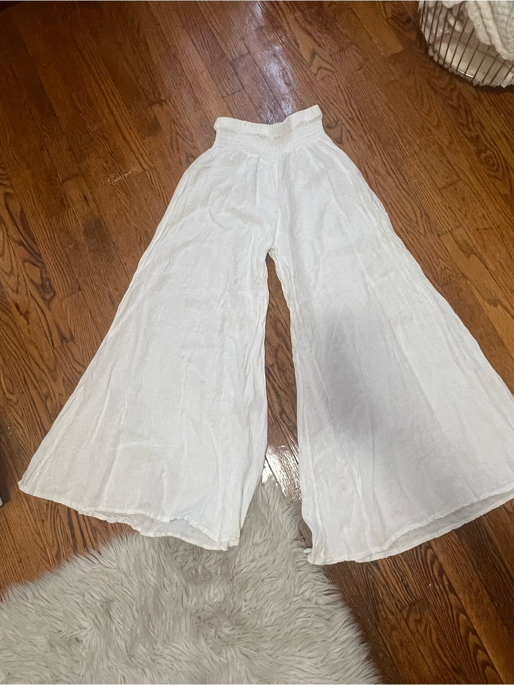 White Wide-Leg Palazzo Pants with Smocked Waist